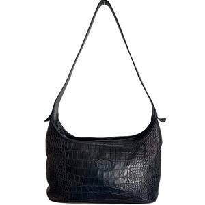 Vintage Longchamp Crocodile Croc Embosed Leather Shoulder Bag Black Y2K
